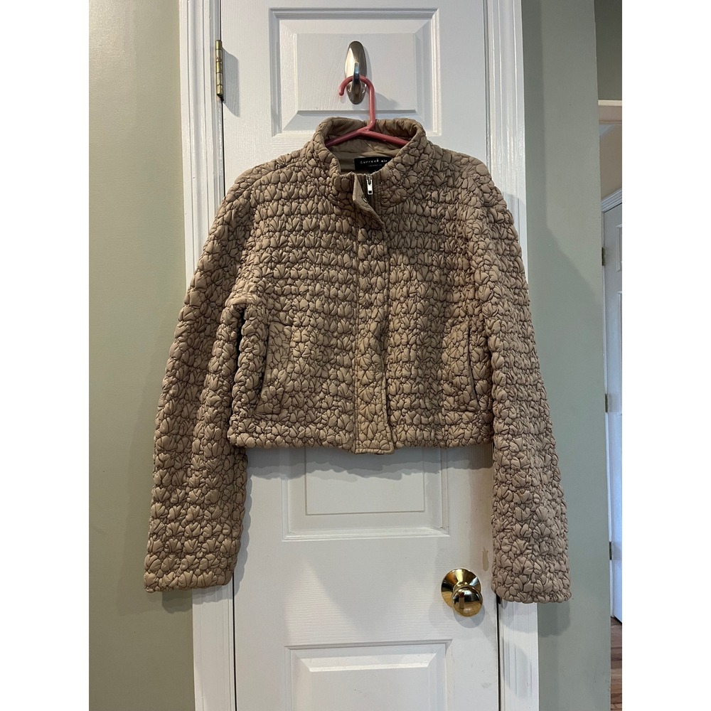 Current Air Los Angeles Popcorn Smocked Cropped Puffer Jacket Tan Beige Large b1